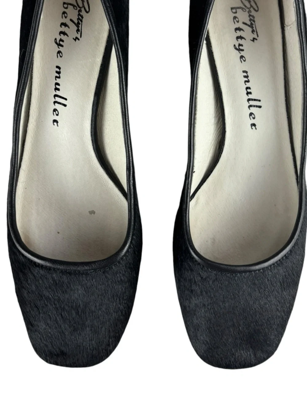 BETTYE MULLER WARHOL BLACK CALF HAIR LEATHER SQUARE TOE PUMP HEELS